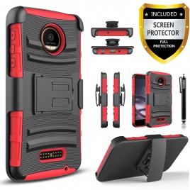 Moto Z Force Case, Dual Layers [Combo Holster] Case And Built-In Kickstand Bundled with [Premium Screen Protector] Hybird Shockproof And Circlemalls Stylus Pen For Motorola Moto Z Force (Red)